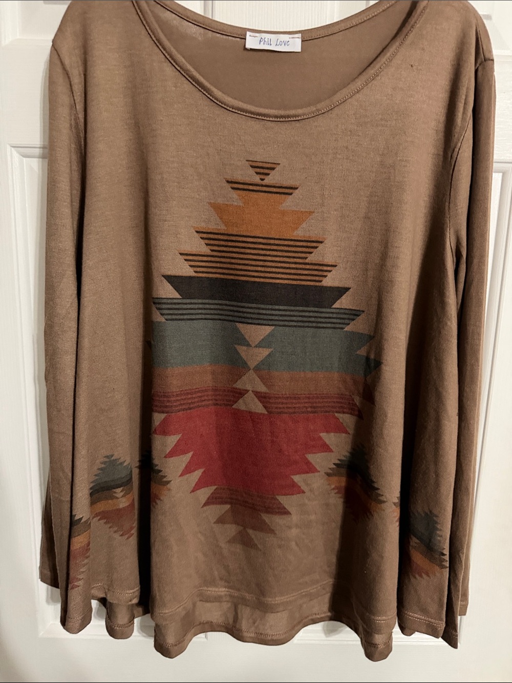 Women's Brown Long-Sleeve Aztec Print Top